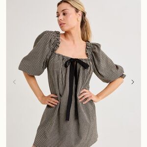 Rumored Gingham Puff-Sleeve Mini Dress - Black & Cream